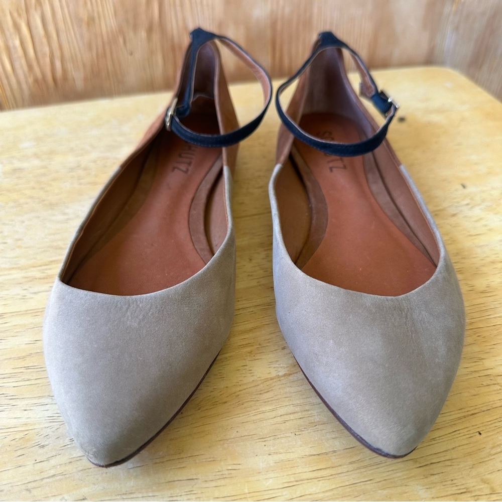 Schutz Point Toe Ballet Flat Tan Grey with Ankle Strap Suede